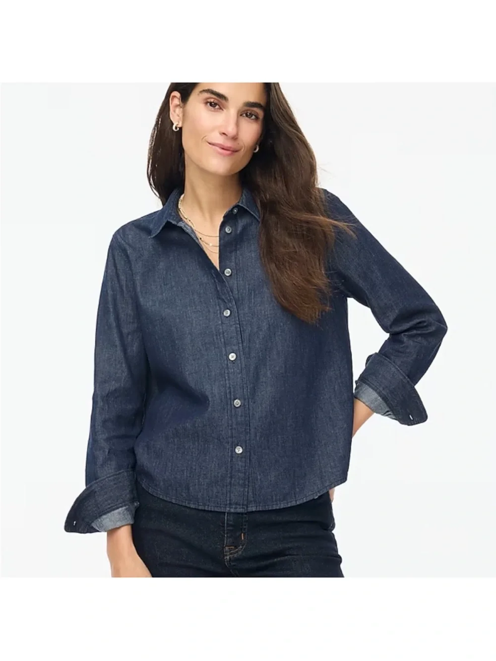 J.Crew Cropped Dark Wash Denim Shirt Size M | Classic Capsule Staple - Picture 1 of 11